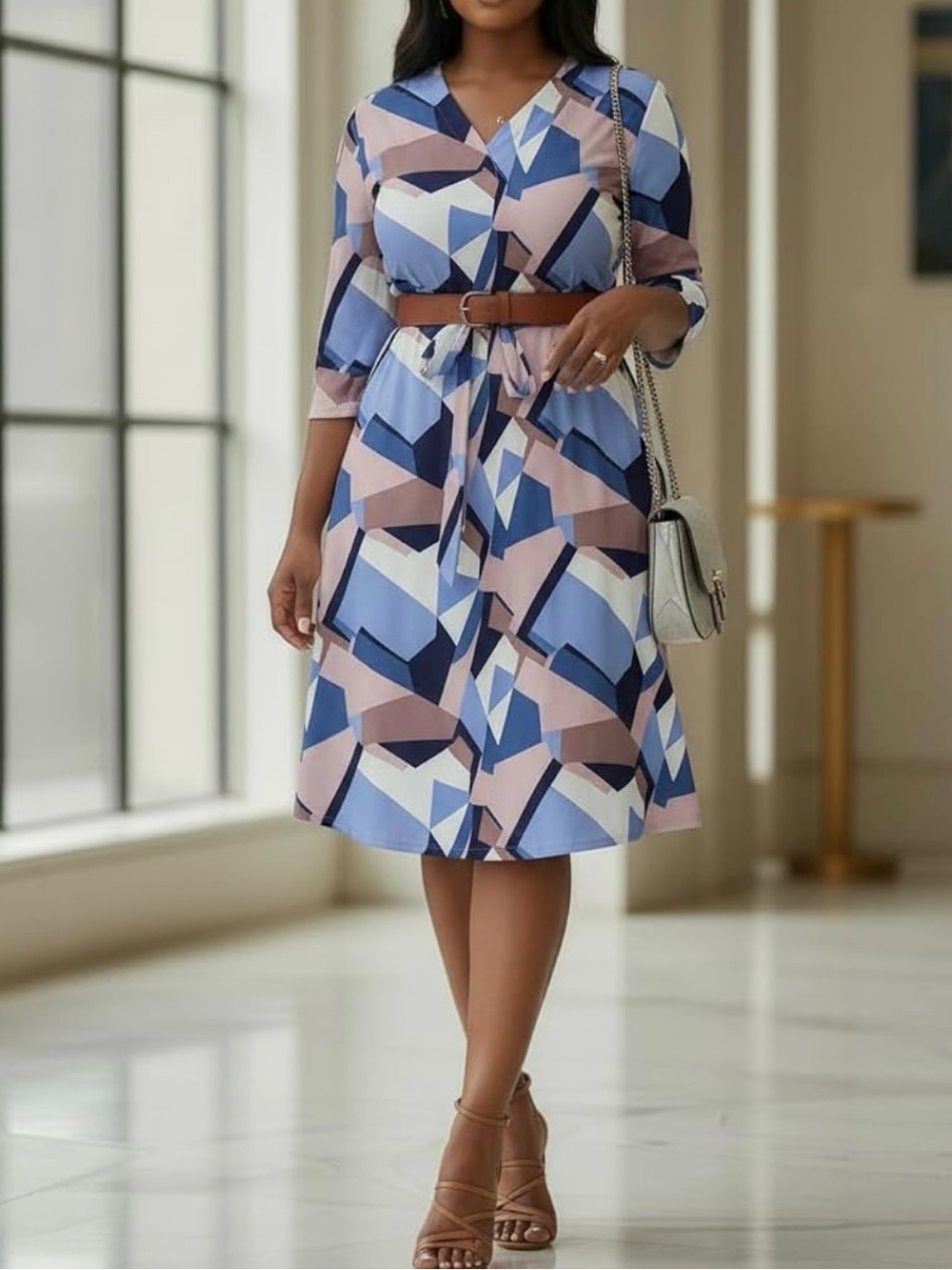 FANDEE Geometric Print Blue & Pink Tie-Waist A-Line Dress - Picture 6 of 12